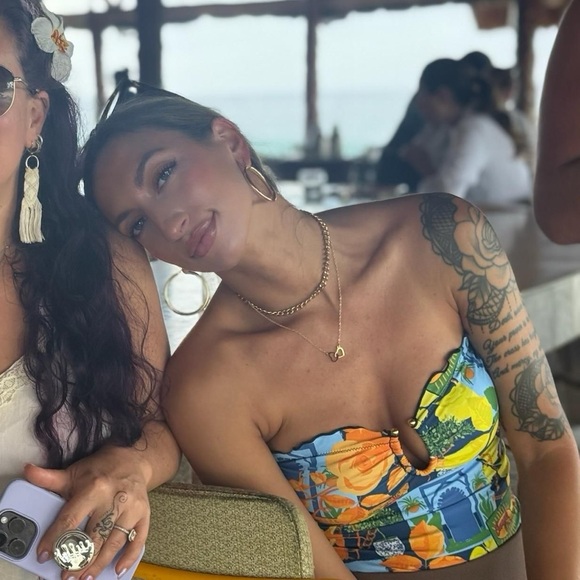 Fashion Nova Strapless Floral Citrus Print One-Piece Swimsuit - Blue/Yellow - Picture 4 of 9